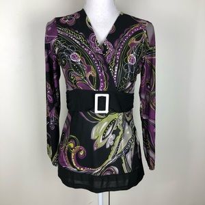 HAPPIE TOP PAISLEY BELT DETAIL LON SLEEVE V NECK S